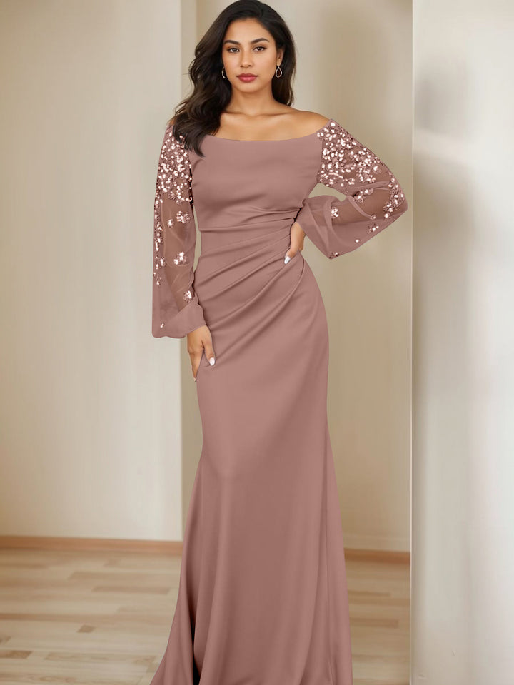 Sheath/Column Scoop Floor-Length Mother of the Bride Dresses Long Sleeves Pleats