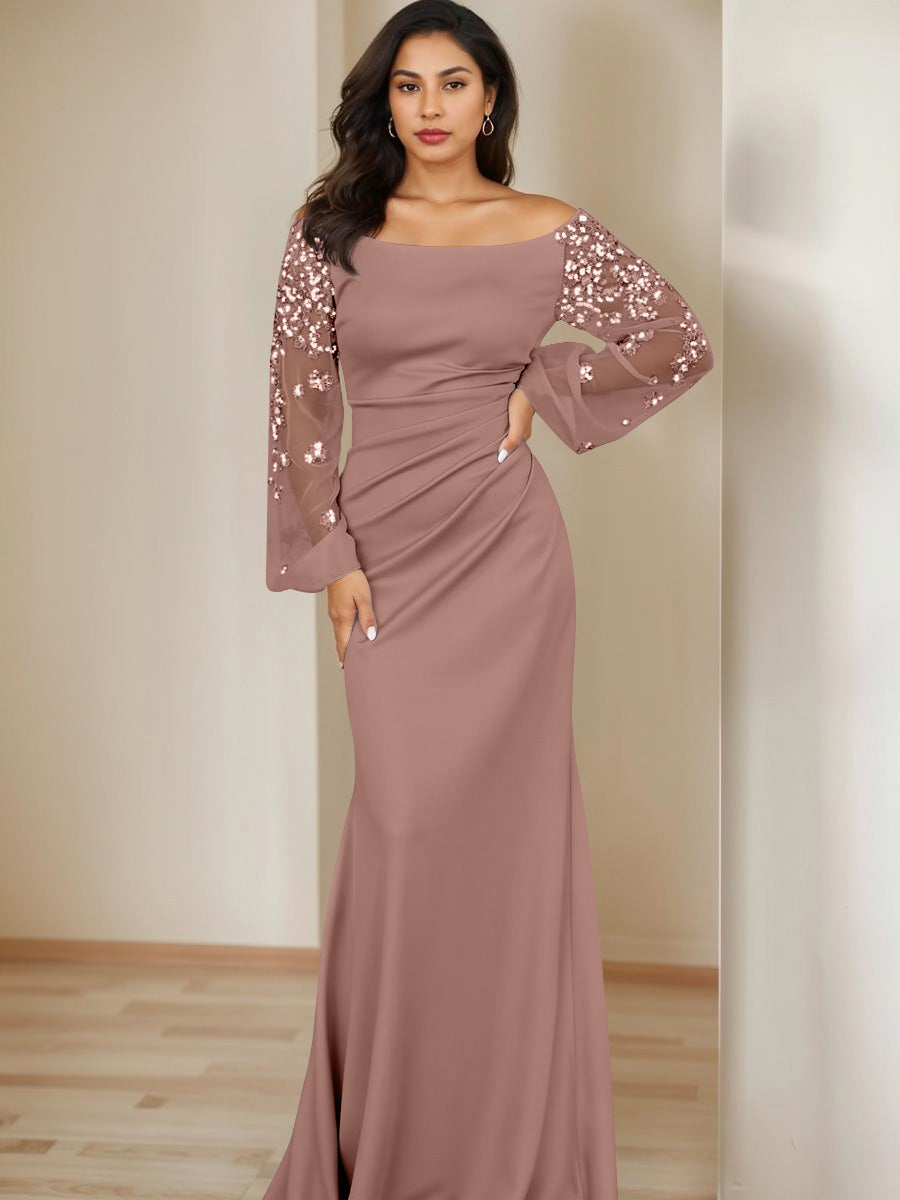 Sheath/Column Scoop Floor-Length Mother of the Bride Dresses Long Sleeves Pleats