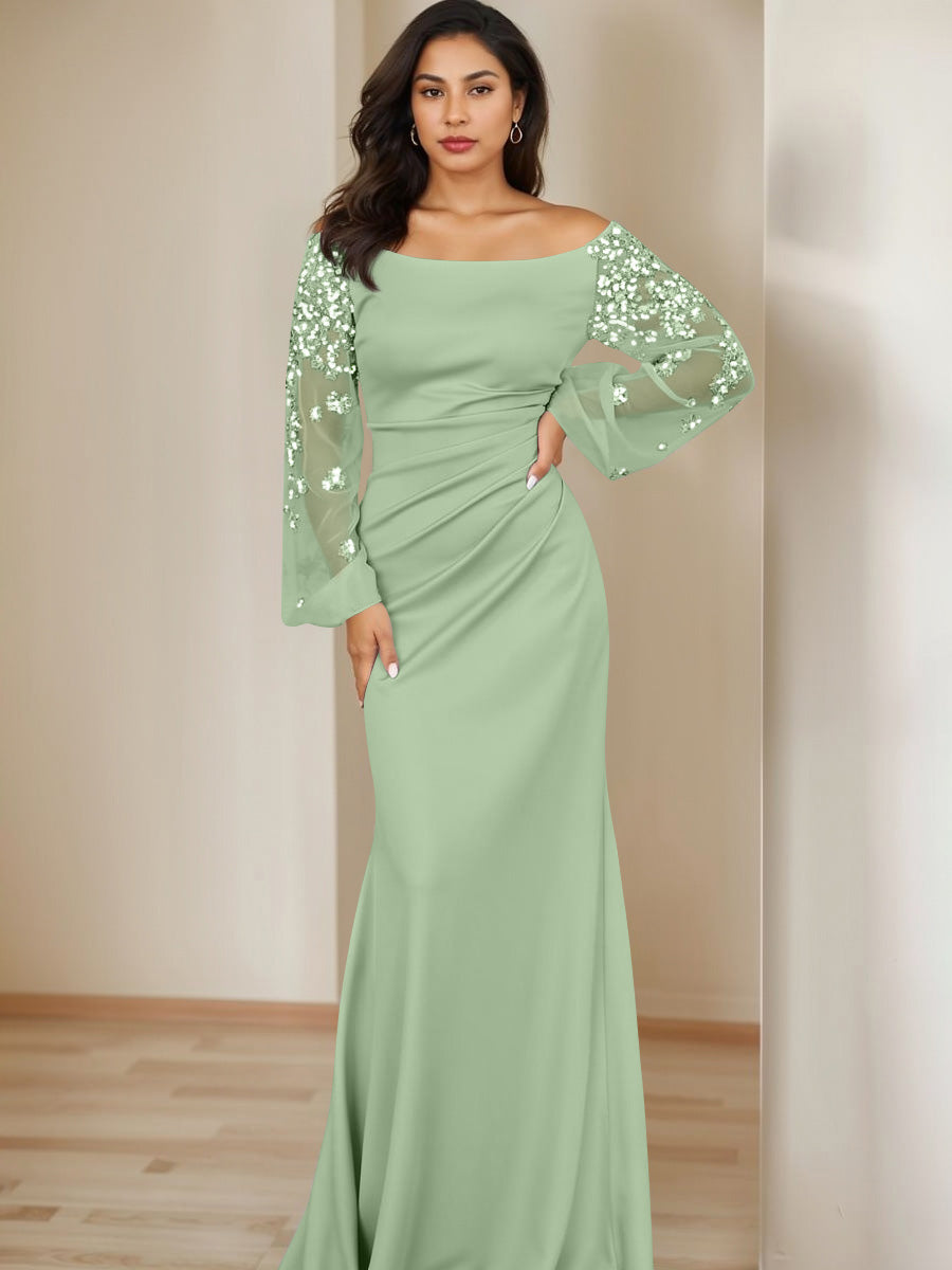 Sheath/Column Scoop Floor-Length Mother of the Bride Dresses Long Sleeves Pleats
