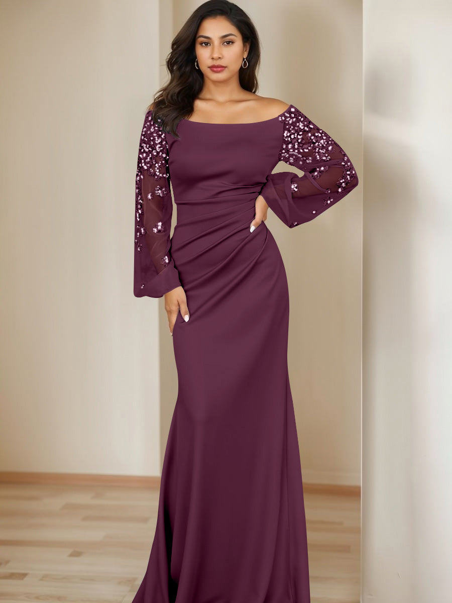 Sheath/Column Scoop Floor-Length Mother of the Bride Dresses Long Sleeves Pleats