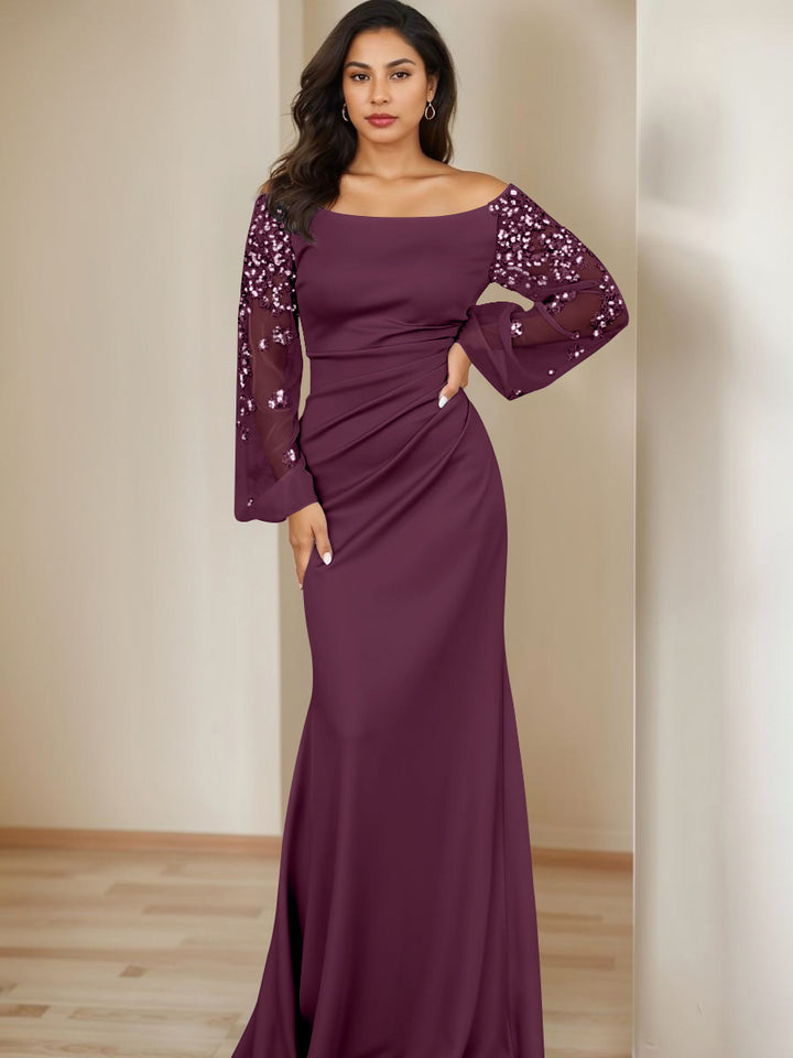 Sheath/Column Scoop Floor-Length Mother of the Bride Dresses Long Sleeves Pleats