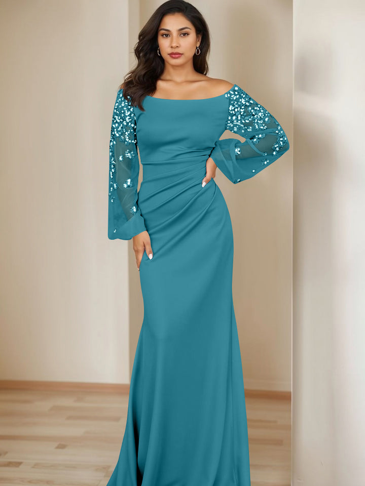 Sheath/Column Scoop Floor-Length Mother of the Bride Dresses Long Sleeves Pleats