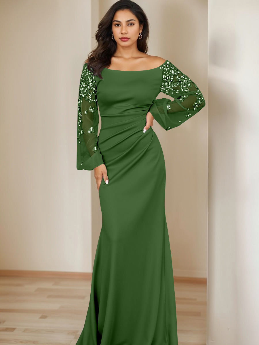 Sheath/Column Scoop Floor-Length Mother of the Bride Dresses Long Sleeves Pleats Olive Green