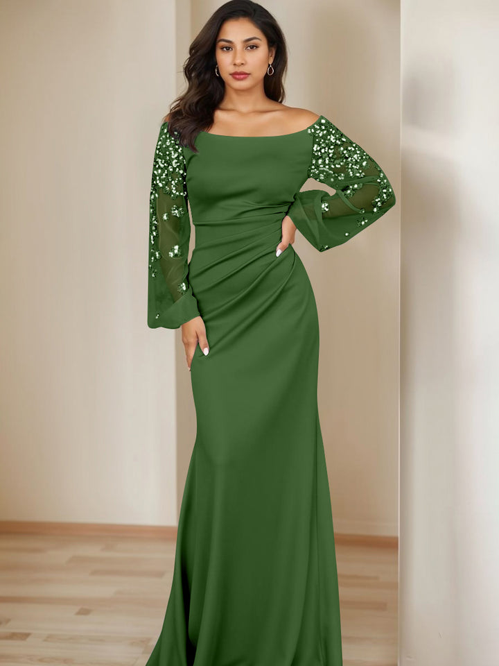 Sheath/Column Scoop Floor-Length Mother of the Bride Dresses Long Sleeves Pleats