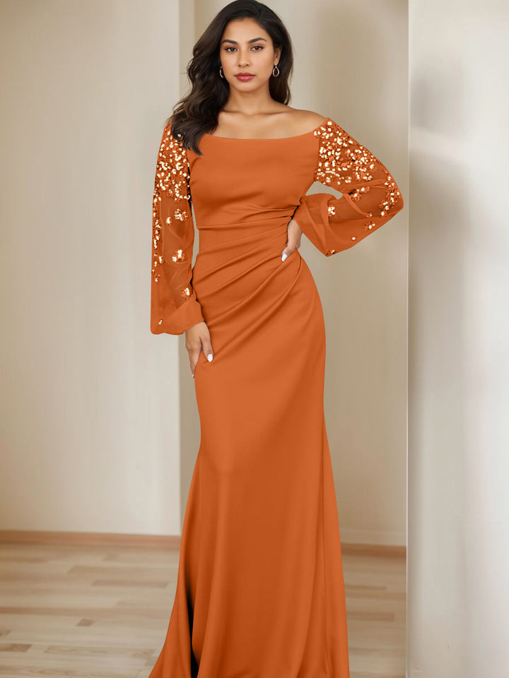 Sheath/Column Scoop Floor-Length Mother of the Bride Dresses Long Sleeves Pleats