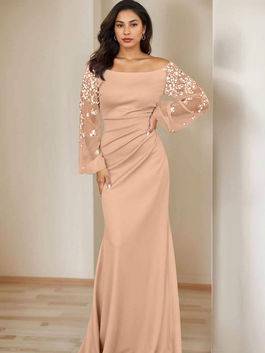 Sheath/Column Scoop Floor-Length Mother of the Bride Dresses Long Sleeves Pleats