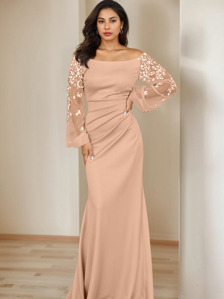 Sheath/Column Scoop Floor-Length Mother of the Bride Dresses Long Sleeves Pleats