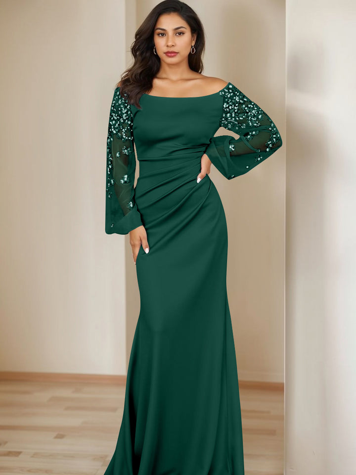 Sheath/Column Scoop Floor-Length Mother of the Bride Dresses Long Sleeves Pleats