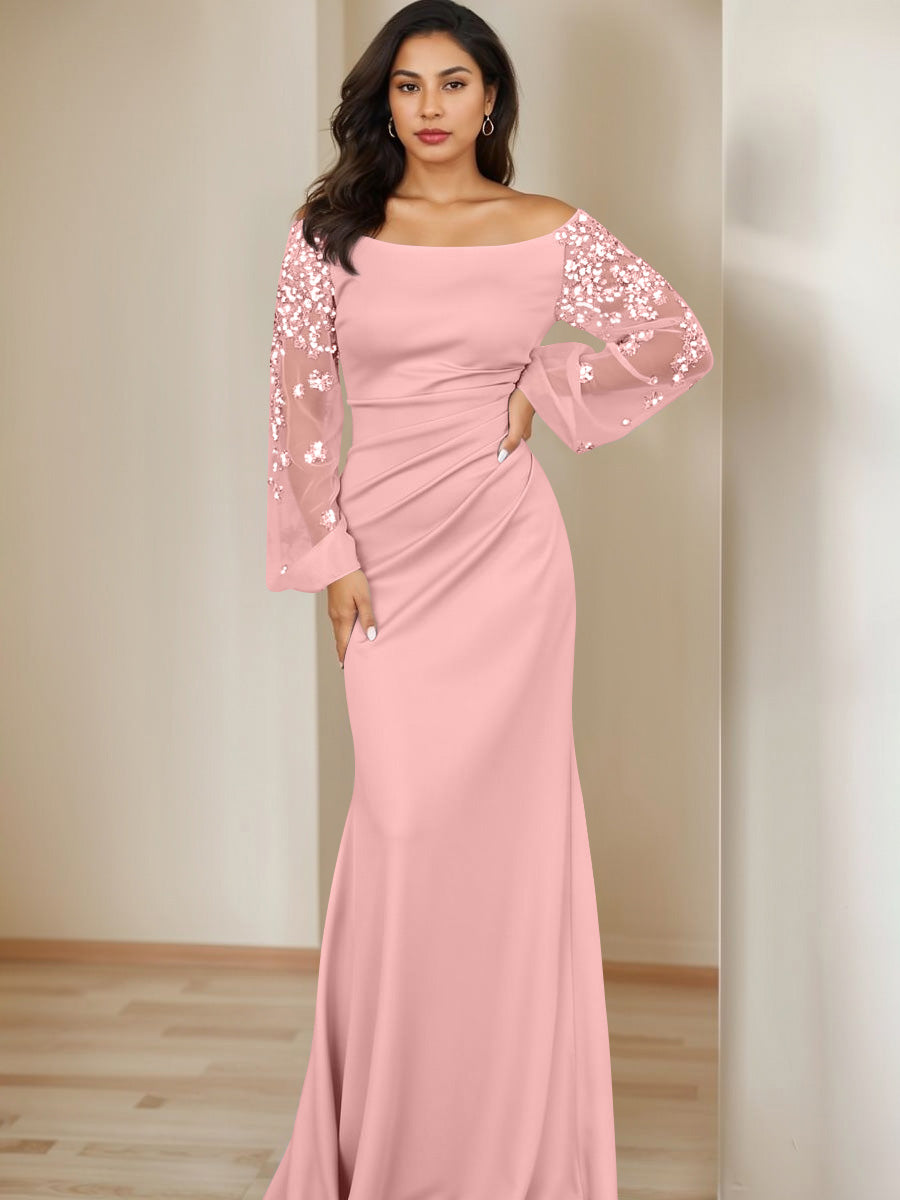 Sheath/Column Scoop Floor-Length Mother of the Bride Dresses Long Sleeves Pleats