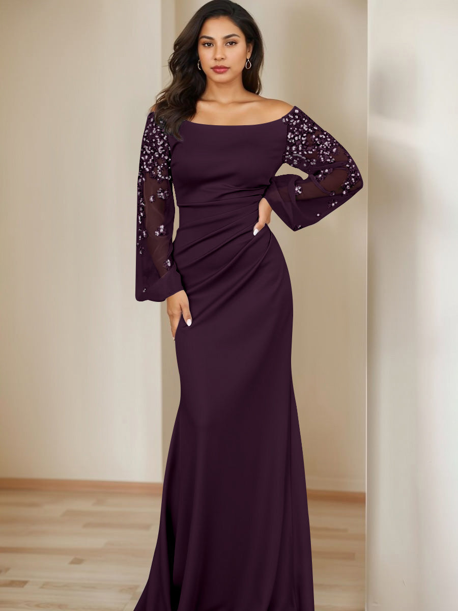 Sheath/Column Scoop Floor-Length Mother of the Bride Dresses Long Sleeves Pleats