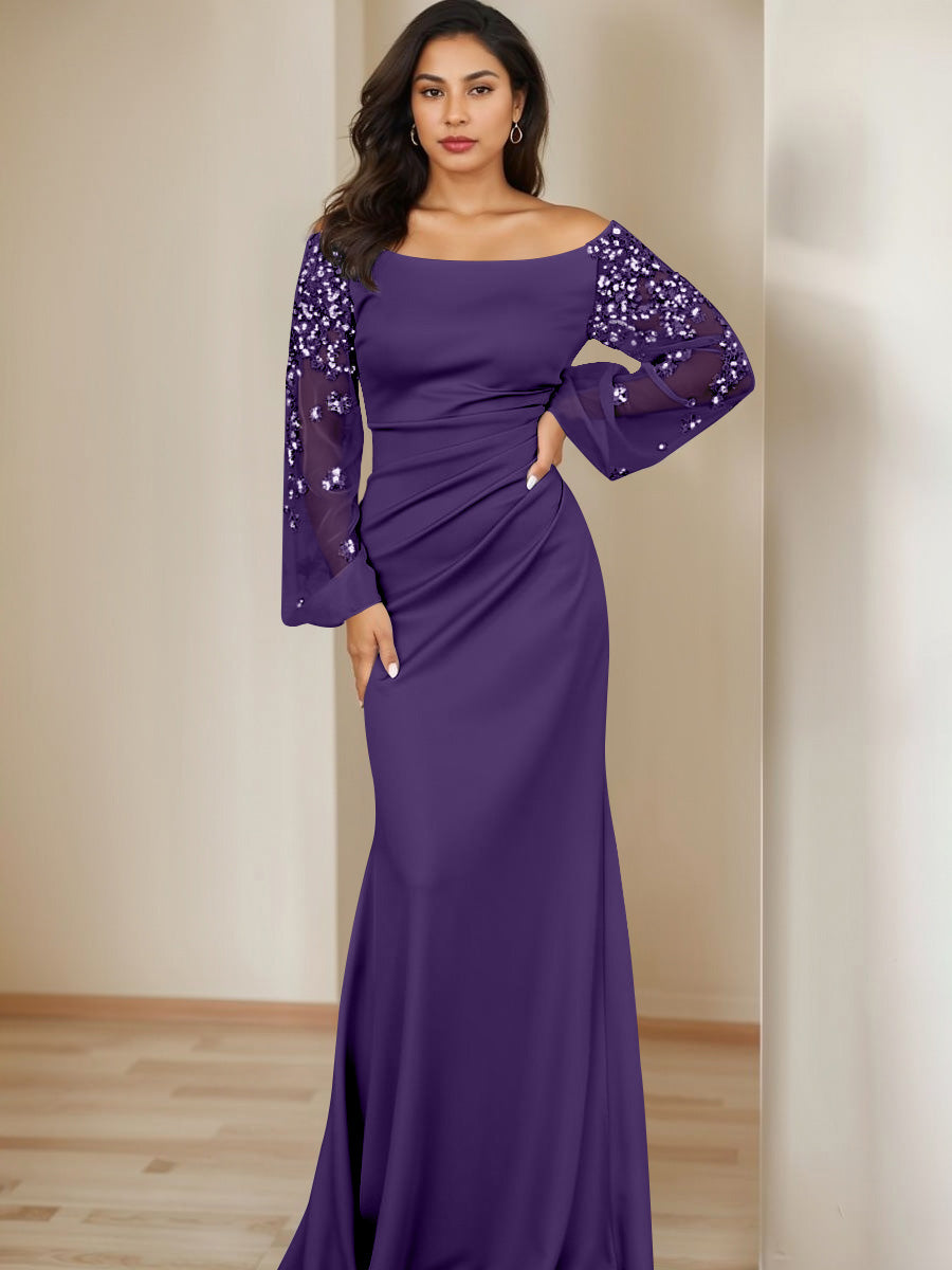 Sheath/Column Scoop Floor-Length Mother of the Bride Dresses Long Sleeves Pleats