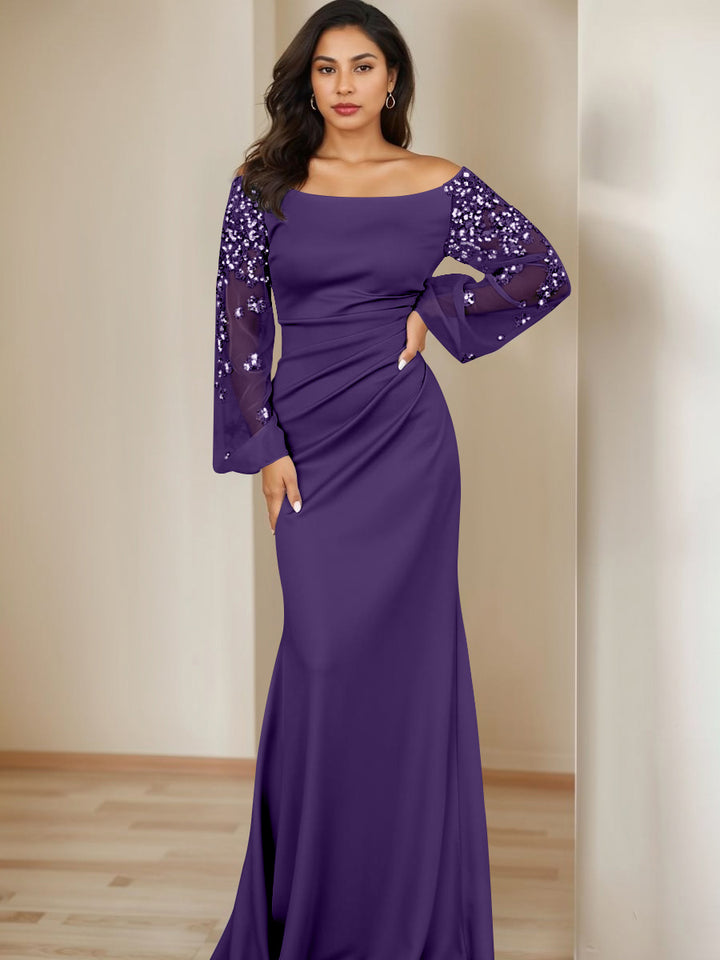Sheath/Column Scoop Floor-Length Mother of the Bride Dresses Long Sleeves Pleats
