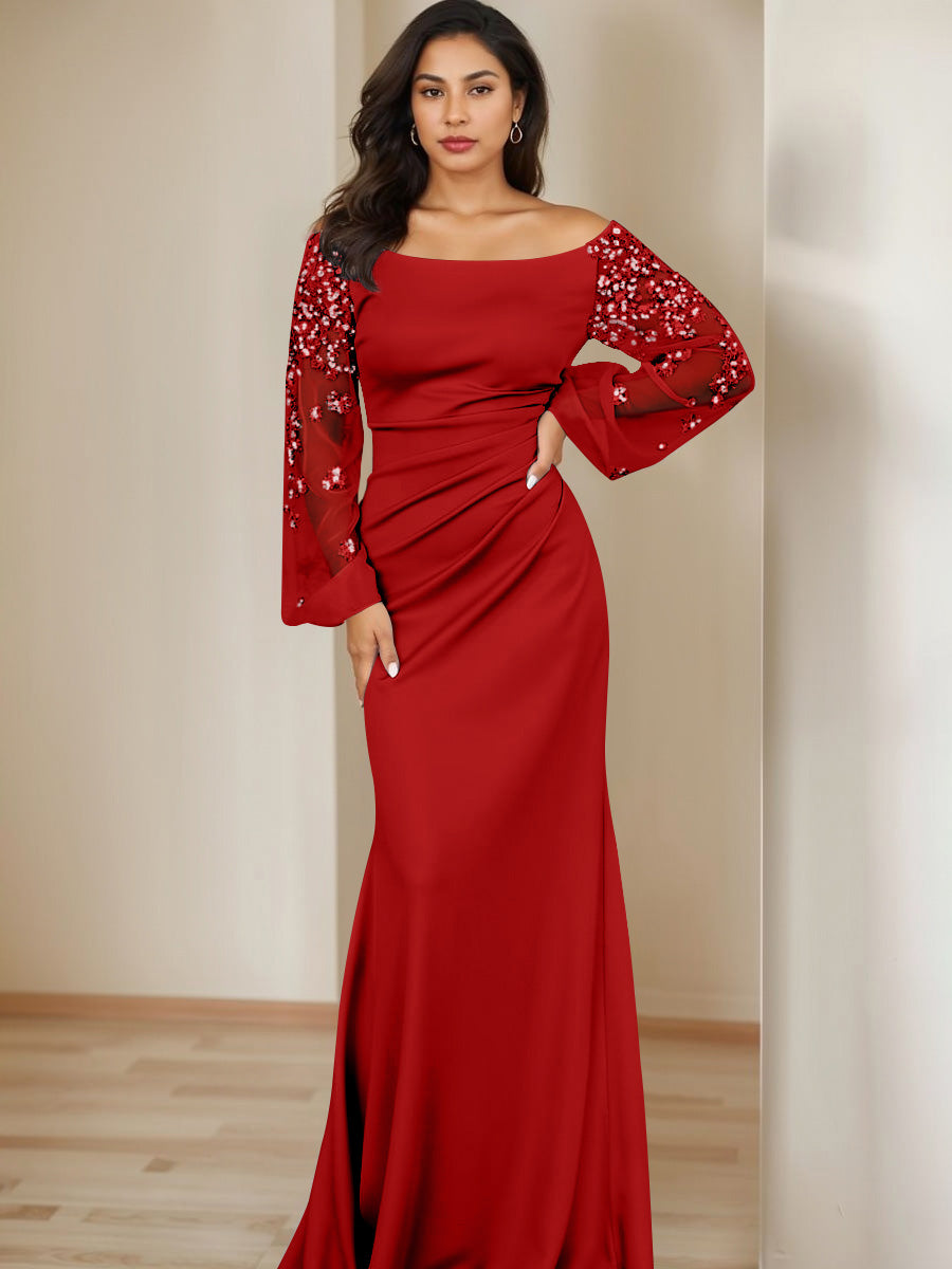 Sheath/Column Scoop Floor-Length Mother of the Bride Dresses Long Sleeves Pleats
