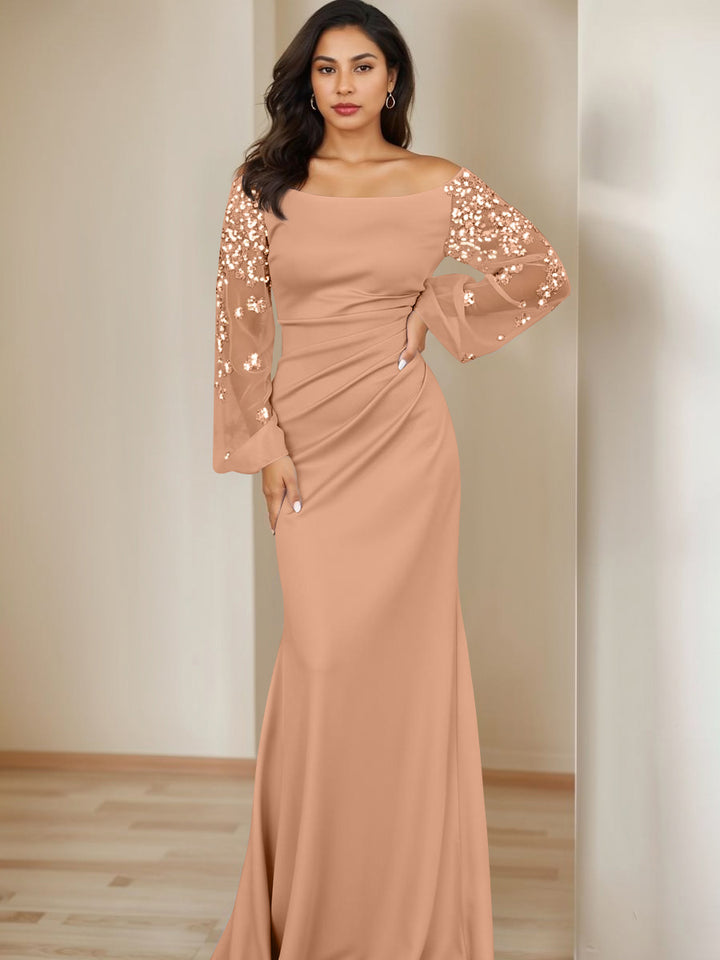Sheath/Column Scoop Floor-Length Mother of the Bride Dresses Long Sleeves Pleats