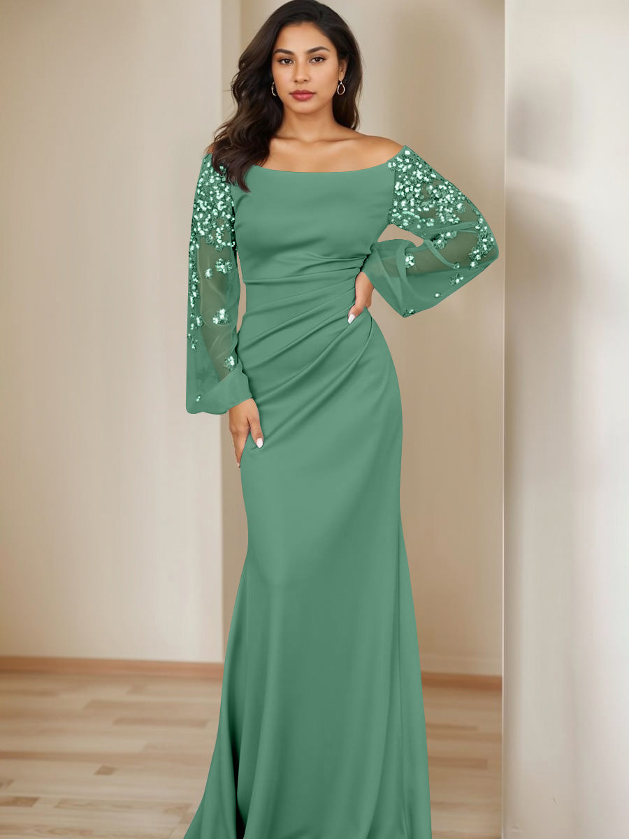 Sheath/Column Scoop Floor-Length Mother of the Bride Dresses Long Sleeves Pleats