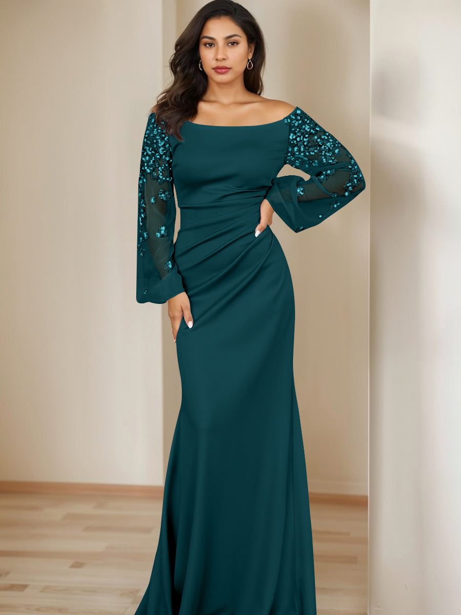Sheath/Column Scoop Floor-Length Mother of the Bride Dresses Long Sleeves Pleats Peacock