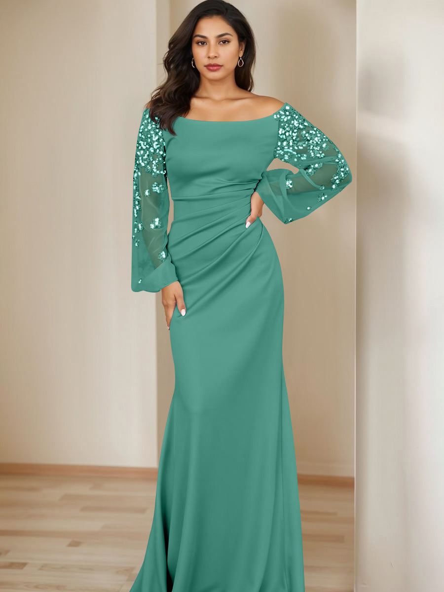 Sheath/Column Scoop Floor-Length Mother of the Bride Dresses Long Sleeves Pleats