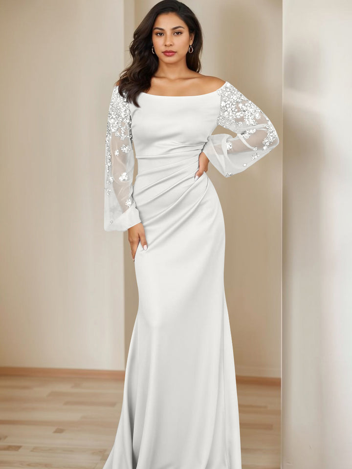 Sheath/Column Scoop Floor-Length Mother of the Bride Dresses Long Sleeves Pleats