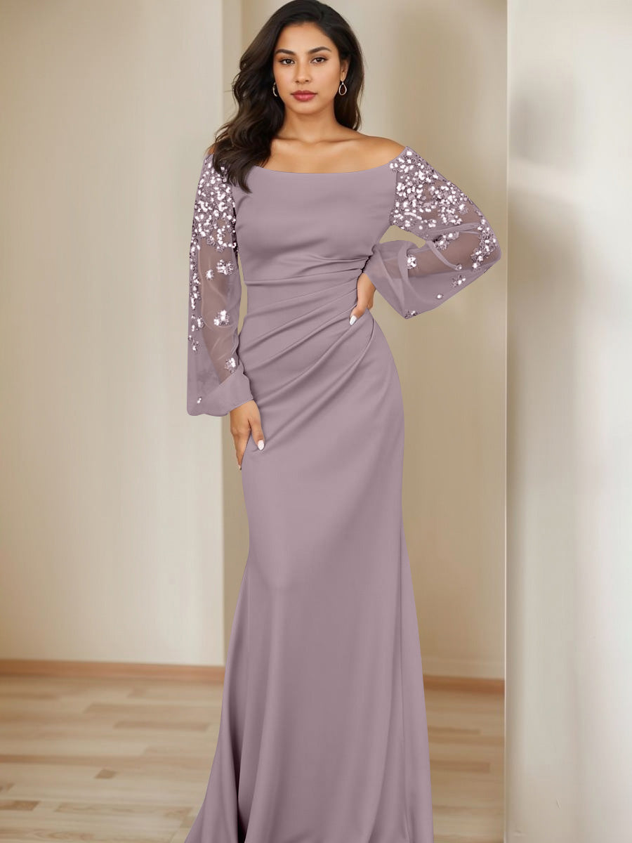 Sheath/Column Scoop Floor-Length Mother of the Bride Dresses Long Sleeves Pleats