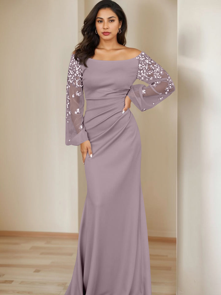 Sheath/Column Scoop Floor-Length Mother of the Bride Dresses Long Sleeves Pleats