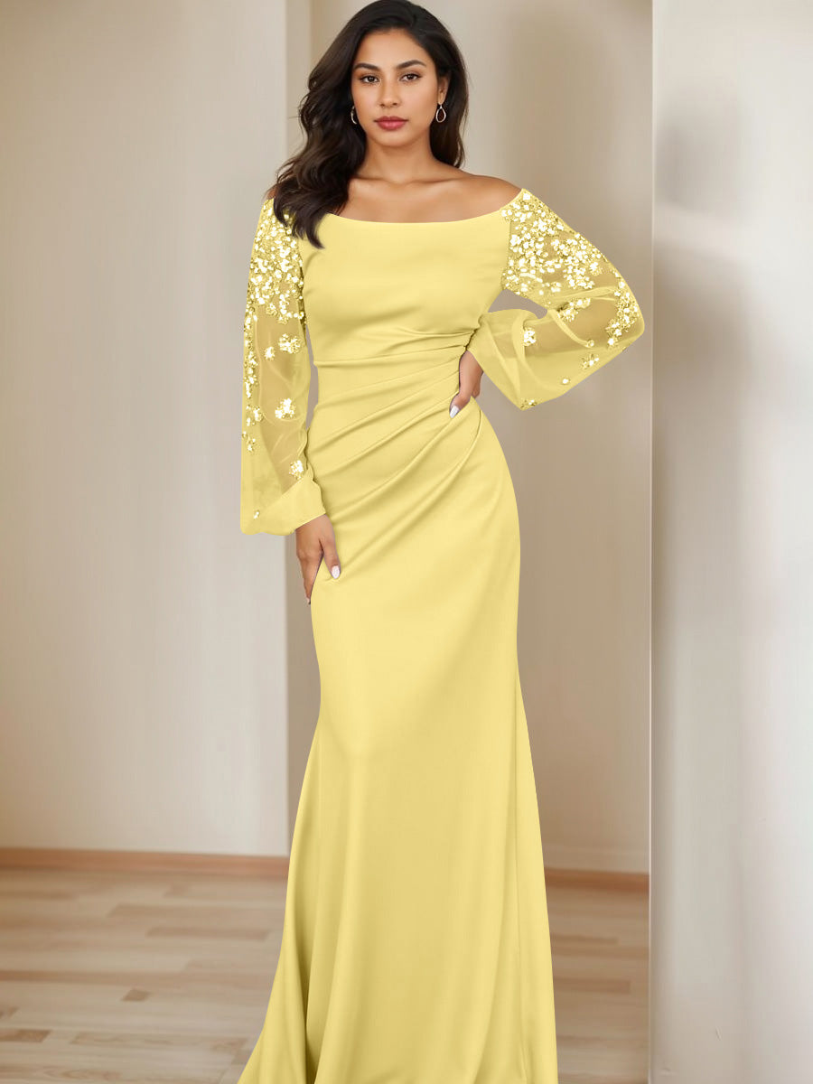Sheath/Column Scoop Floor-Length Mother of the Bride Dresses Long Sleeves Pleats