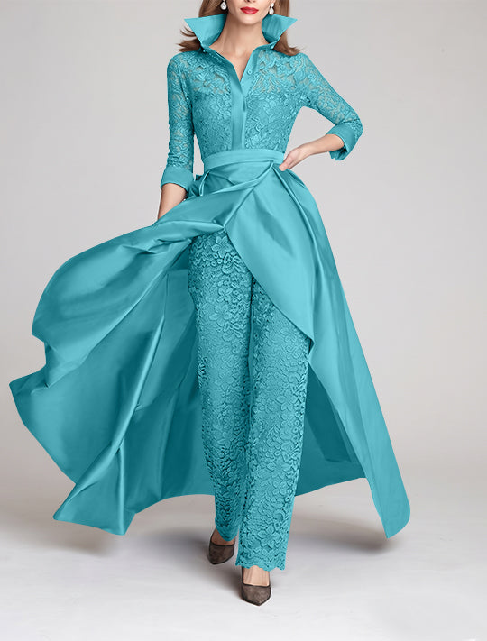 3/4 Sleeves 2 Pieces Mother of the Bride Pantsuits Lace Shirt Collar Jumpsuit Ruched Detachable