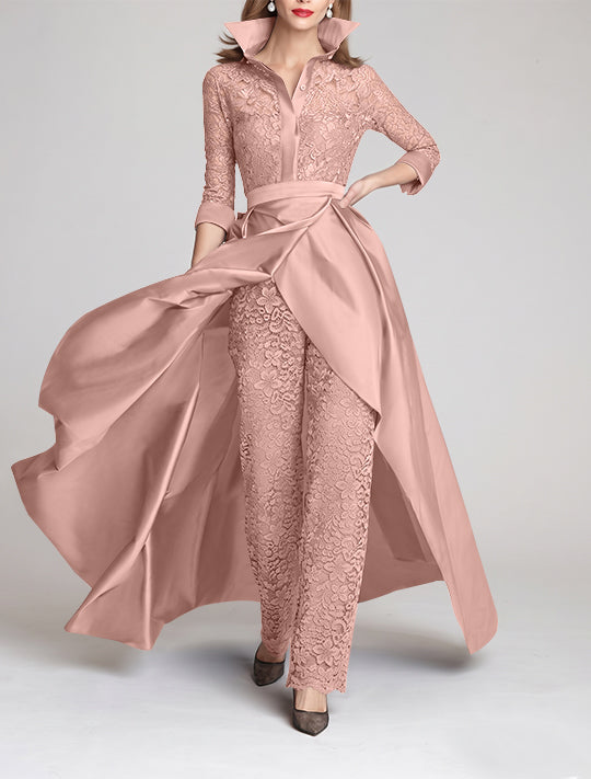 3/4 Sleeves 2 Pieces Mother of the Bride Pantsuits Lace Shirt Collar Jumpsuit Ruched Detachable
