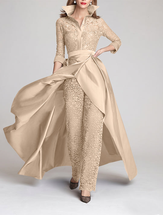3/4 Sleeves 2 Pieces Mother of the Bride Pantsuits Lace Shirt Collar Jumpsuit Ruched Detachable