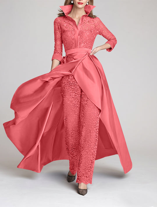 3/4 Sleeves 2 Pieces Mother of the Bride Pantsuits Lace Shirt Collar Jumpsuit Ruched Detachable
