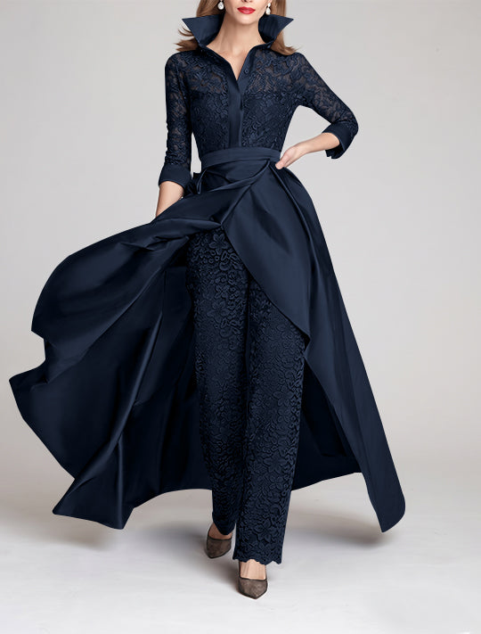 3/4 Sleeves 2 Pieces Mother of the Bride Pantsuits Lace Shirt Collar Jumpsuit Ruched Detachable