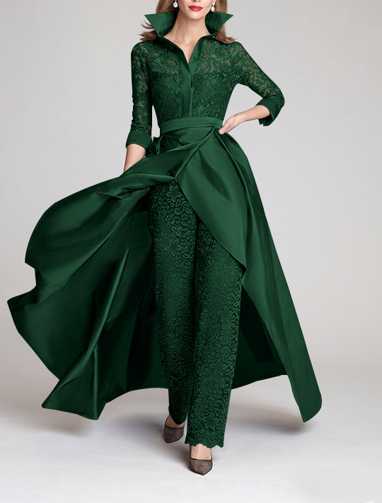 3/4 Sleeves 2 Pieces Mother of the Bride Pantsuits Lace Shirt Collar Jumpsuit Ruched Detachable