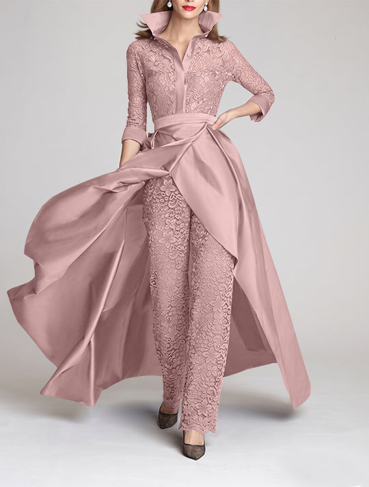 3/4 Sleeves 2 Pieces Mother of the Bride Pantsuits Lace Shirt Collar Jumpsuit Ruched Detachable