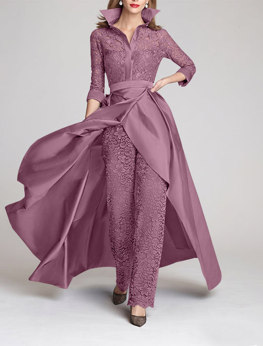 3/4 Sleeves 2 Pieces Mother of the Bride Pantsuits Lace Shirt Collar Jumpsuit Ruched Detachable