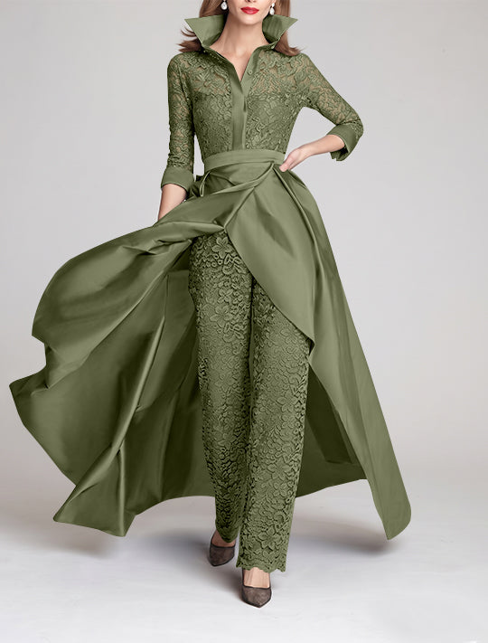 3/4 Sleeves 2 Pieces Mother of the Bride Pantsuits Lace Shirt Collar Jumpsuit Ruched Detachable