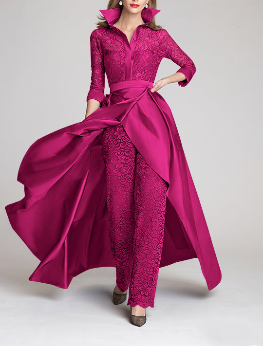 3/4 Sleeves 2 Pieces Mother of the Bride Pantsuits Lace Shirt Collar Jumpsuit Ruched Detachable