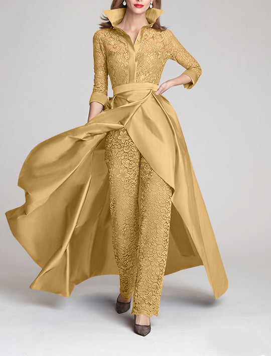 3/4 Sleeves 2 Pieces Mother of the Bride Pantsuits Lace Shirt Collar Jumpsuit Ruched Detachable