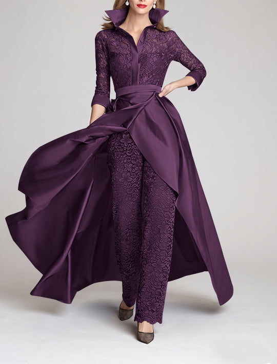 3/4 Sleeves 2 Pieces Mother of the Bride Pantsuits Lace Shirt Collar Jumpsuit Ruched Detachable
