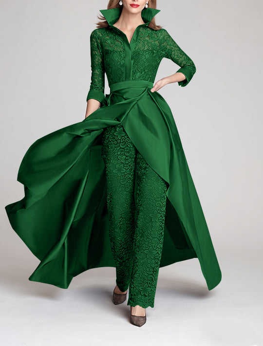 3/4 Sleeves 2 Pieces Mother of the Bride Pantsuits Lace Shirt Collar Jumpsuit Ruched Detachable
