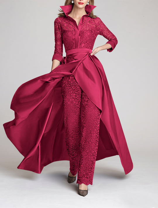 3/4 Sleeves 2 Pieces Mother of the Bride Pantsuits Lace Shirt Collar Jumpsuit Ruched Detachable