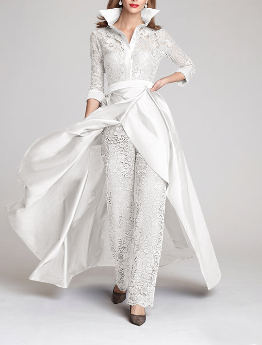 3/4 Sleeves 2 Pieces Mother of the Bride Pantsuits Lace Shirt Collar Jumpsuit Ruched Detachable