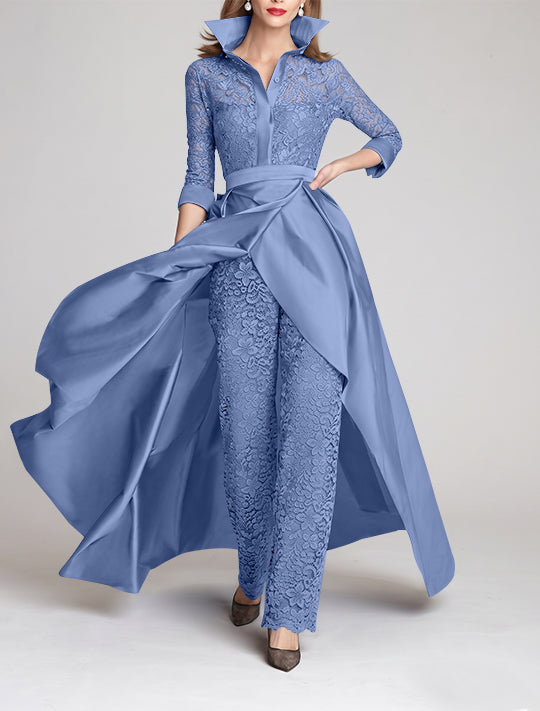 3/4 Sleeves 2 Pieces Mother of the Bride Pantsuits Lace Shirt Collar Jumpsuit Ruched Detachable
