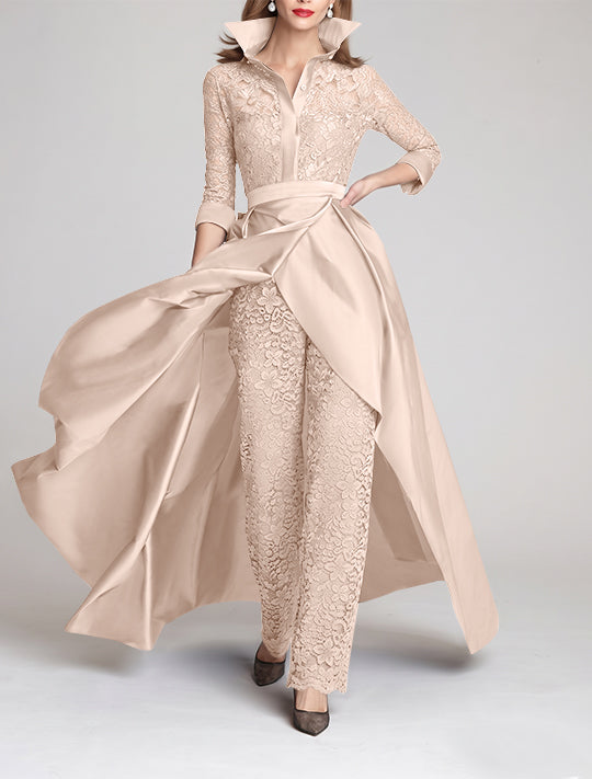 3/4 Sleeves 2 Pieces Mother of the Bride Pantsuits Lace Shirt Collar Jumpsuit Ruched Detachable