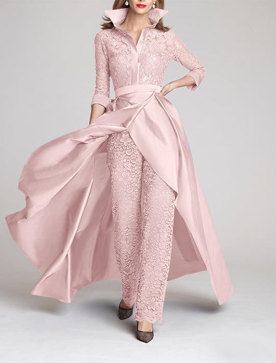 3/4 Sleeves 2 Pieces Mother of the Bride Pantsuits Lace Shirt Collar Jumpsuit Ruched Detachable