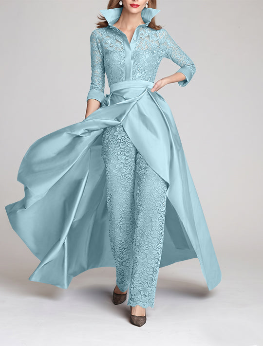 3/4 Sleeves 2 Pieces Mother of the Bride Pantsuits Lace Shirt Collar Jumpsuit Ruched Detachable