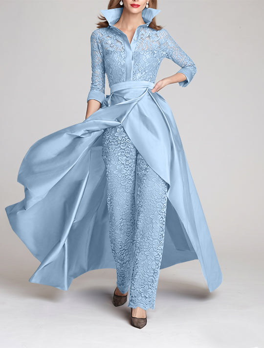 3/4 Sleeves 2 Pieces Mother of the Bride Pantsuits Lace Shirt Collar Jumpsuit Ruched Detachable