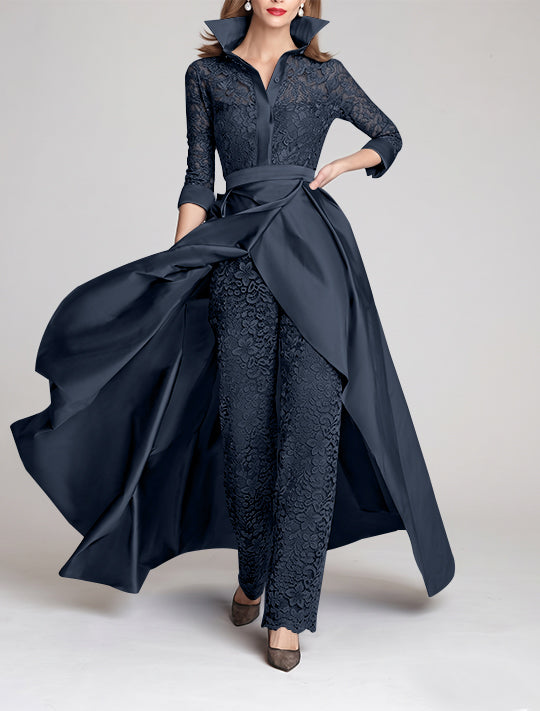 3/4 Sleeves 2 Pieces Mother of the Bride Pantsuits Lace Shirt Collar Jumpsuit Ruched Detachable