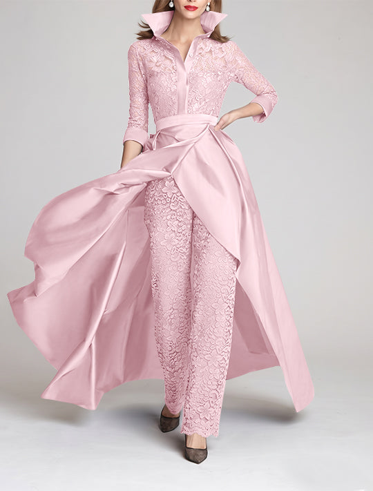 3/4 Sleeves 2 Pieces Mother of the Bride Pantsuits Lace Shirt Collar Jumpsuit Ruched Detachable