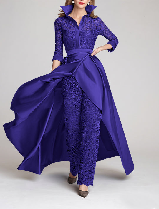 3/4 Sleeves 2 Pieces Mother of the Bride Pantsuits Lace Shirt Collar Jumpsuit Ruched Detachable