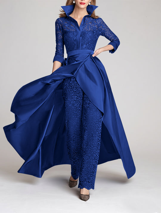 3/4 Sleeves 2 Pieces Mother of the Bride Pantsuits Lace Shirt Collar Jumpsuit Ruched Detachable