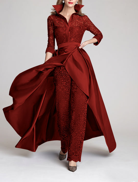 3/4 Sleeves 2 Pieces Mother of the Bride Pantsuits Lace Shirt Collar Jumpsuit Ruched Detachable